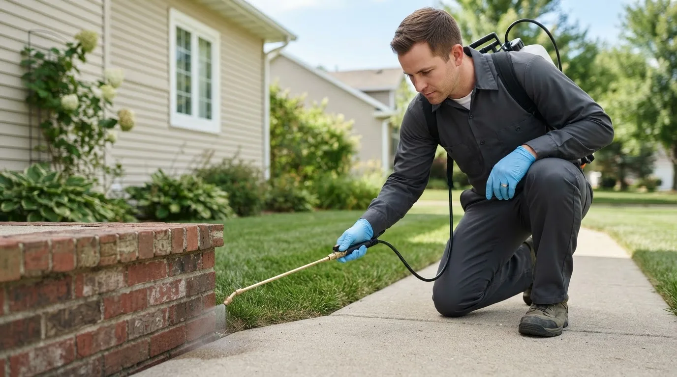 Pest control technician treating a home near Readlyn, IA