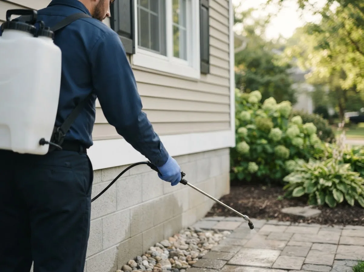 Pest control technician inspecting a home in Readlyn, IA